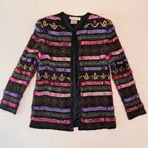 ADRIANNA PAPELL Evening Vintage Sequined Beaded Jacket Multicolor Abstract Silk